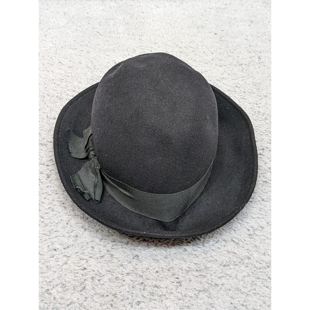 Vintage Henry Margu‎ Black Wool Cloche Hat Ribbon Bow 80s 90s Minimalist Fedora